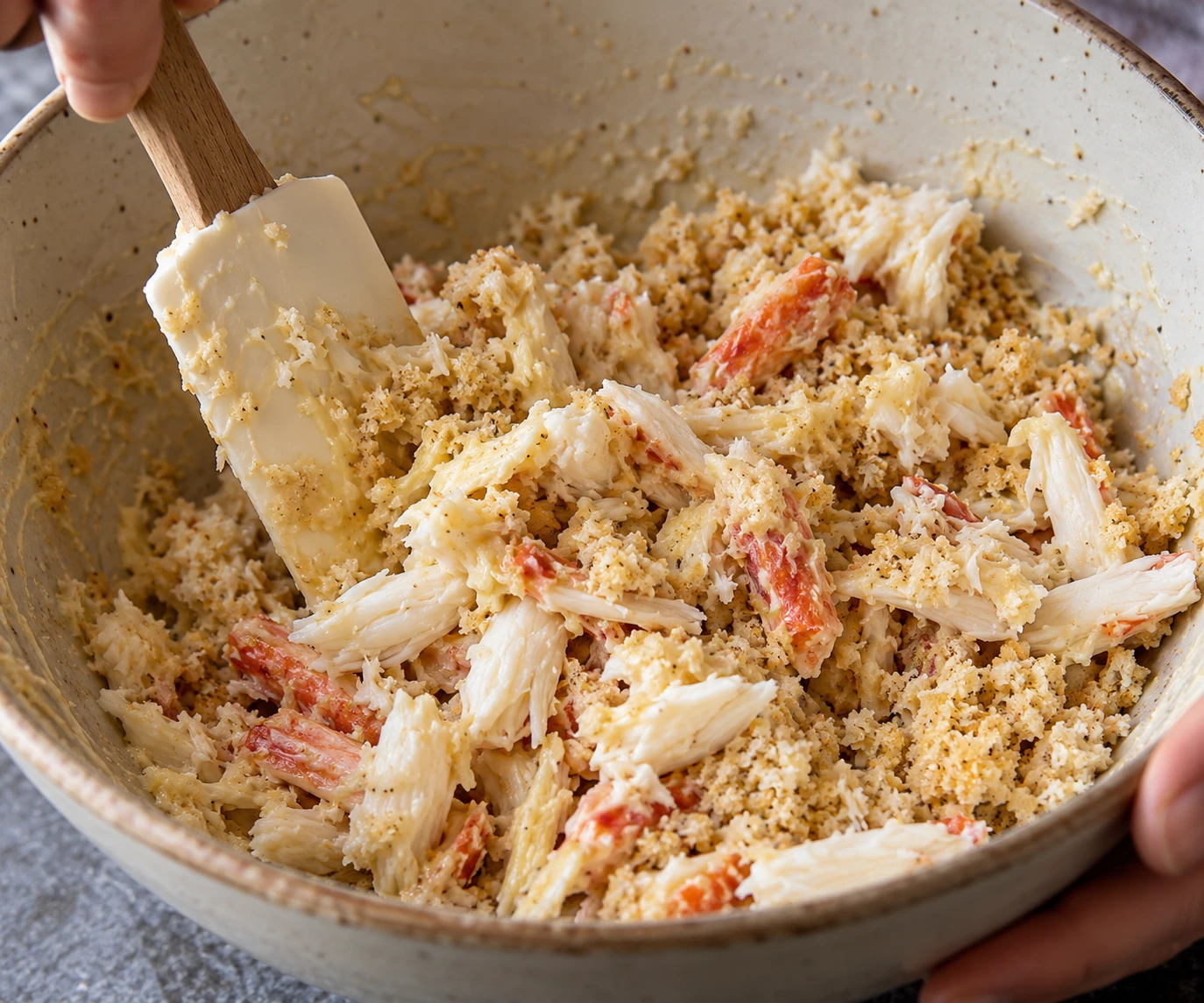 A spatula gently folds intact crab lumps and panko through the light cake binder in a bowl.