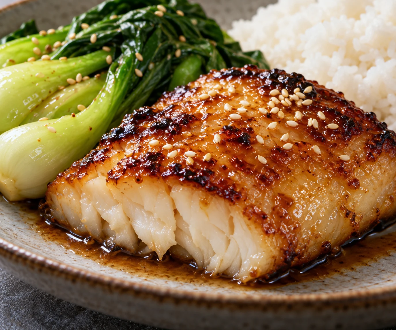 Flaky black cod shows a lacquered miso surface beside sesame bok choy.