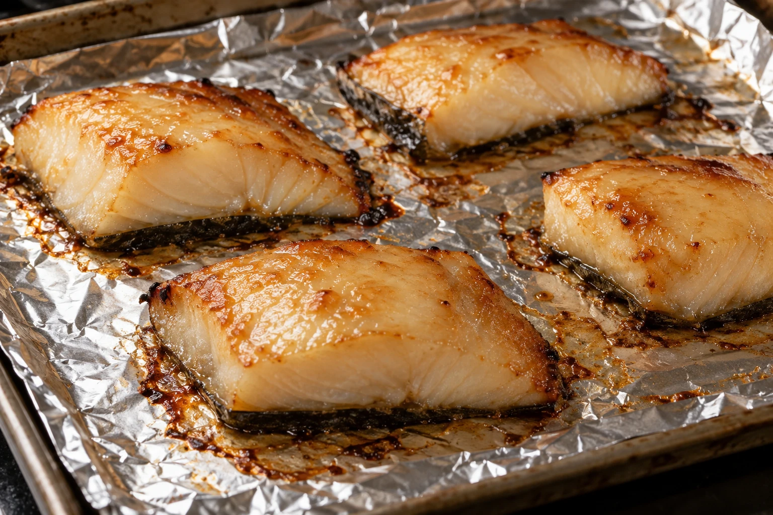 Miso-coated black cod roasts skin-side down on a foil-lined pan before glazing.