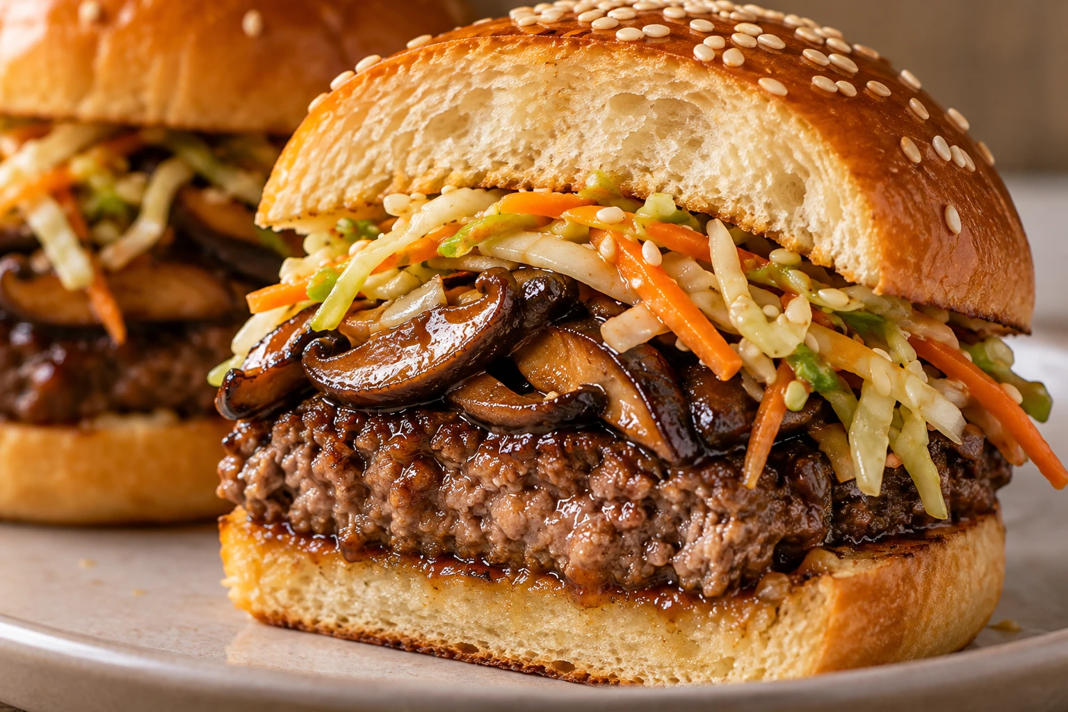 The burger's cut edge shows a browned patty, glossy shiitakes, crisp sesame slaw, and toasted bun.