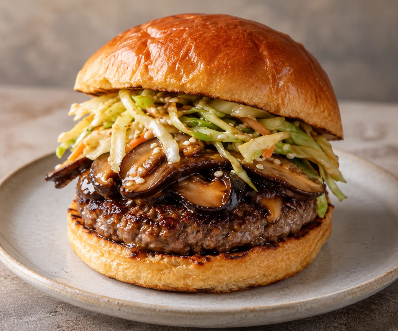A seared beef burger is layered with glossy shiitake mushrooms and crisp sesame cabbage slaw on a toasted bun.