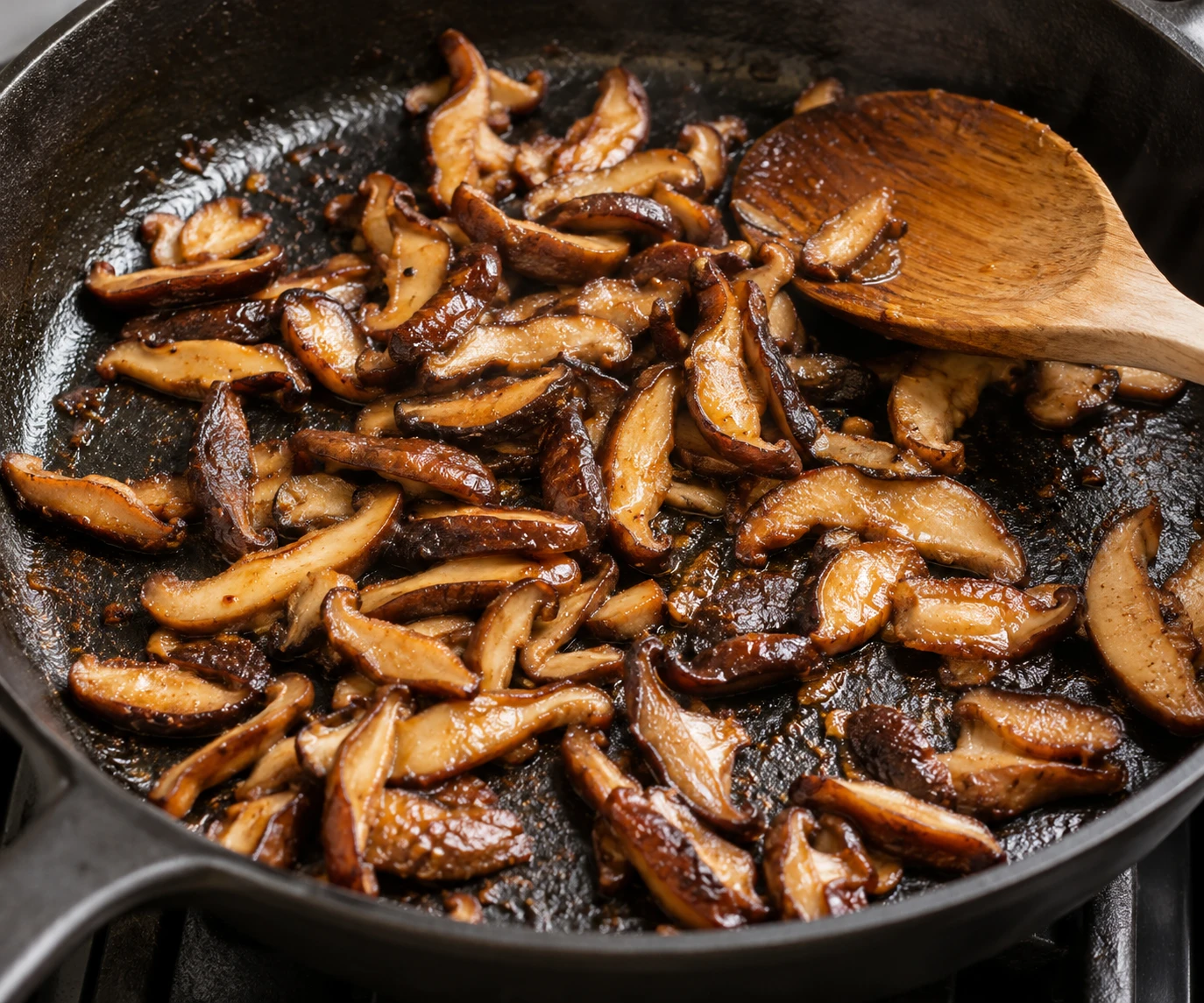Sliced shiitake mushrooms brown in a skillet before the miso-hoisin glaze is stirred in.