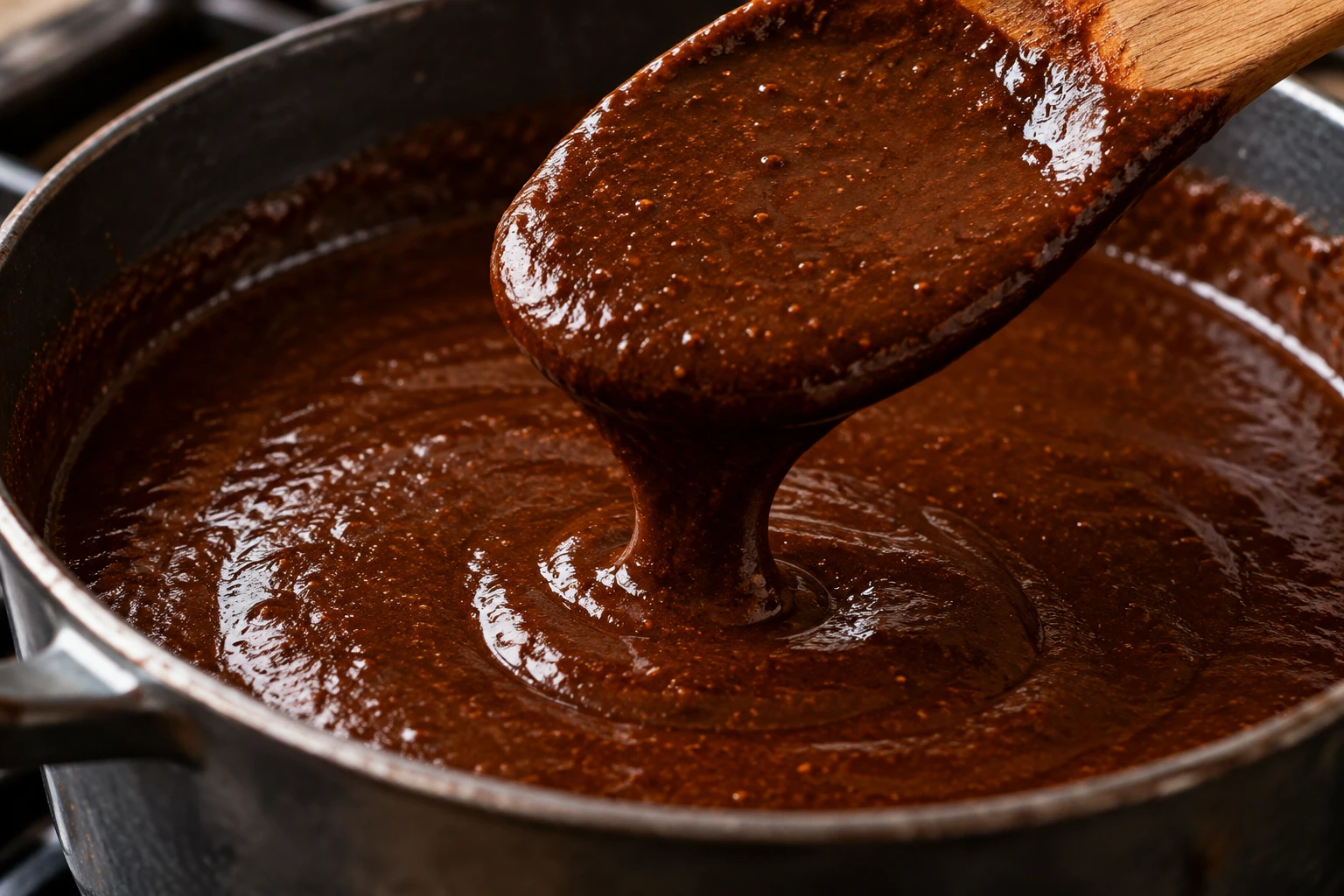 A spoon lifts glossy, thick mole poblano with a deep red-brown color from the pot.