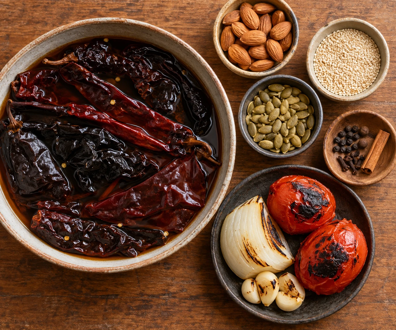 Soaked chiles and separate bowls of toasted nuts, seeds, spices, and softened aromatics are arranged for blending.