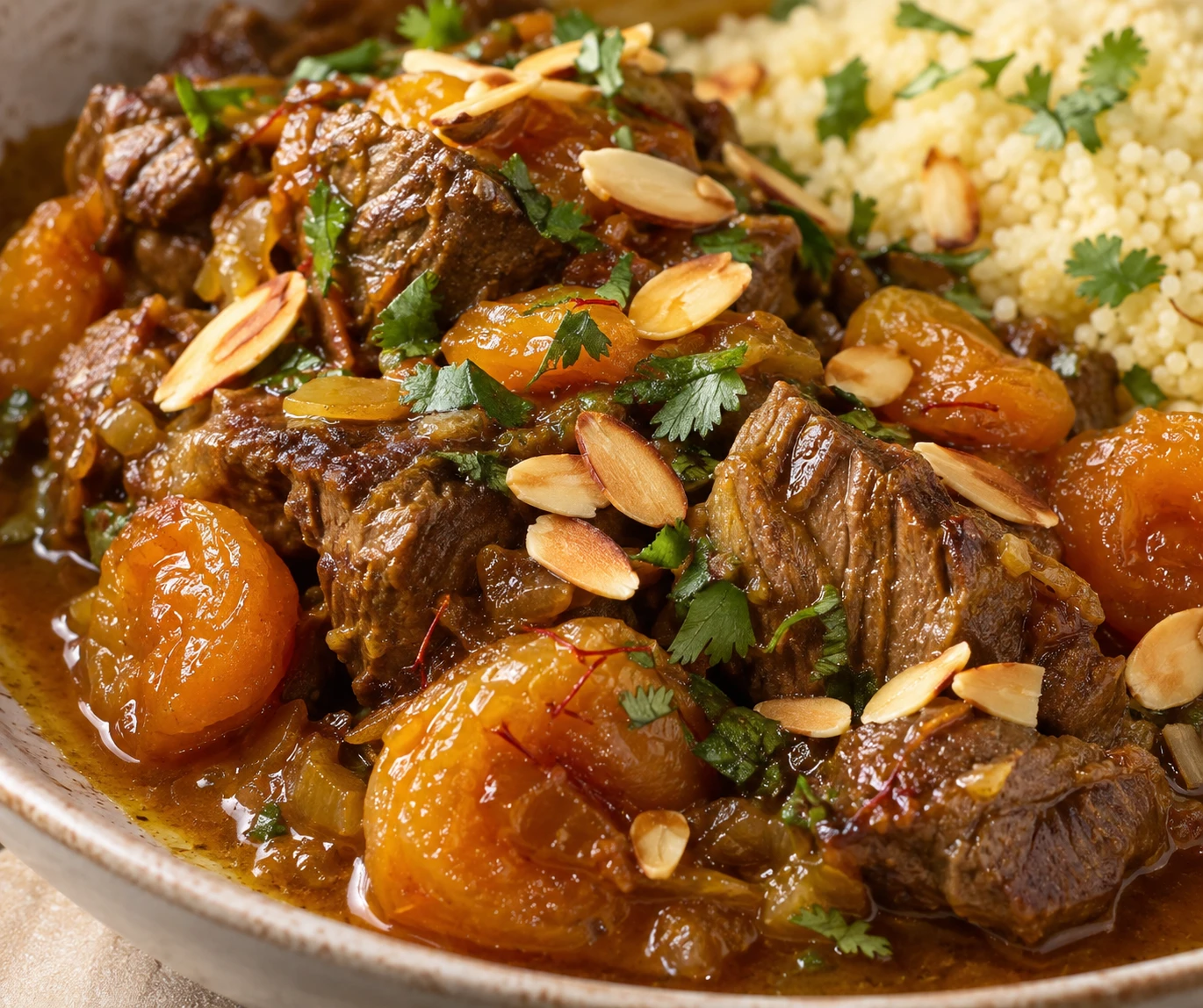 Fork-tender lamb and plump apricots glisten in sauce under toasted sliced almonds and fresh cilantro.