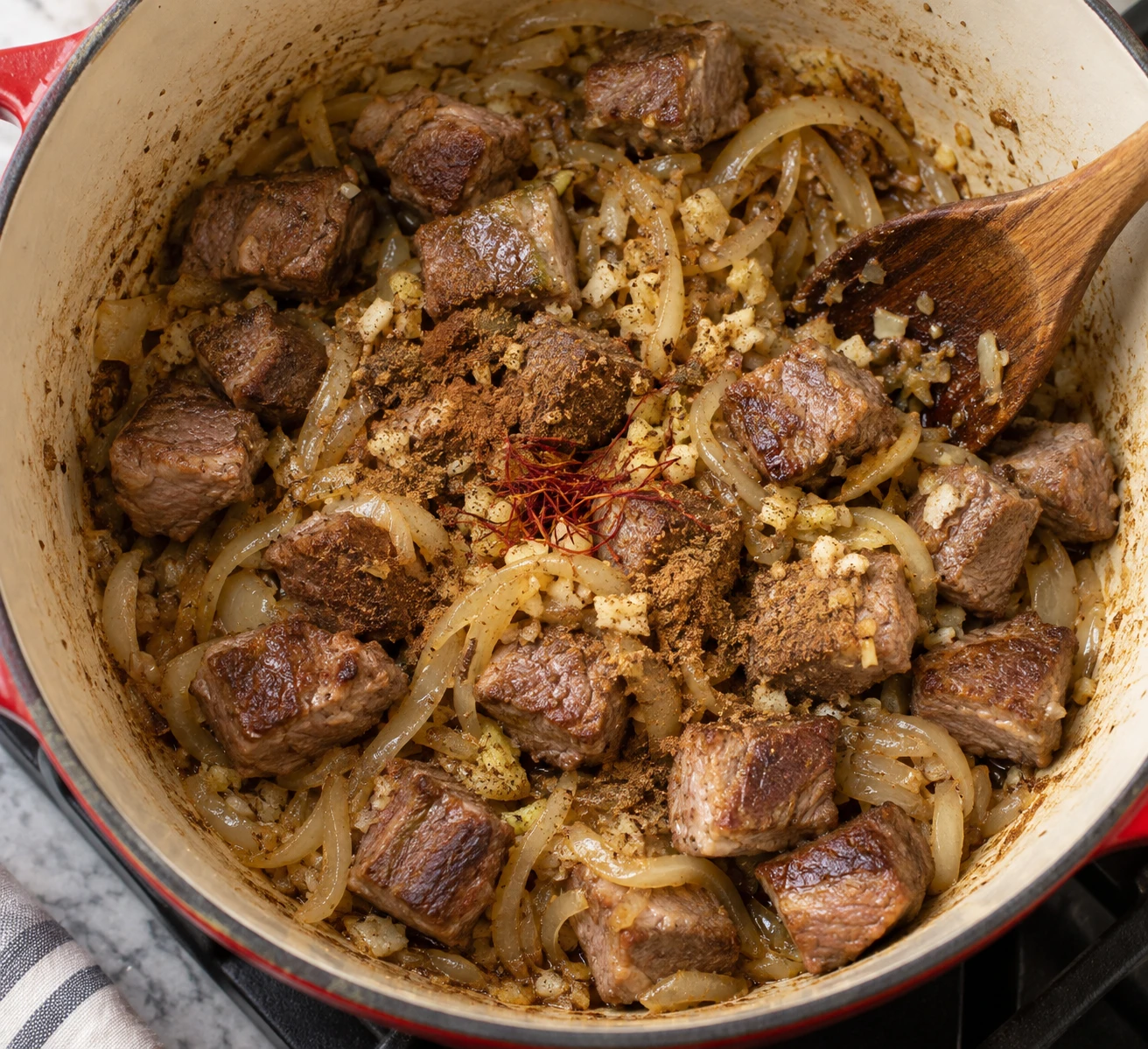 Browned lamb pieces rest over softened spiced onions in a standard enameled Dutch oven during braise preparation.