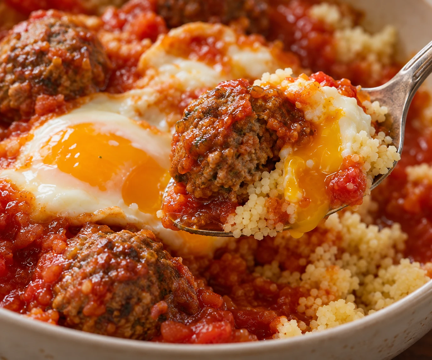 A soft egg yolk breaks over tender kefta, tomato sauce, and fluffy couscous.