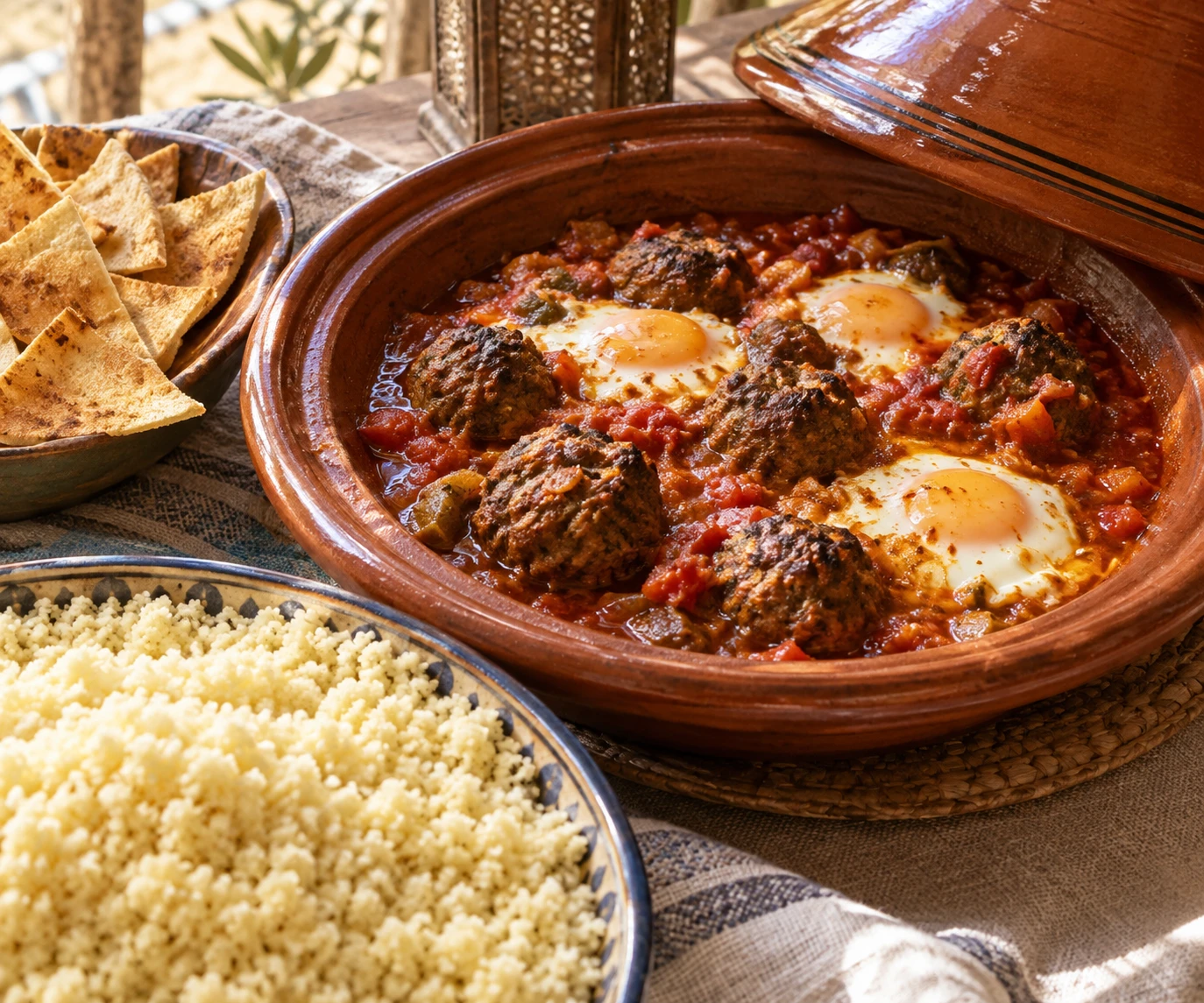Kefta meatballs and gently set eggs sit in tomato sauce beside couscous and crisp pita chips.