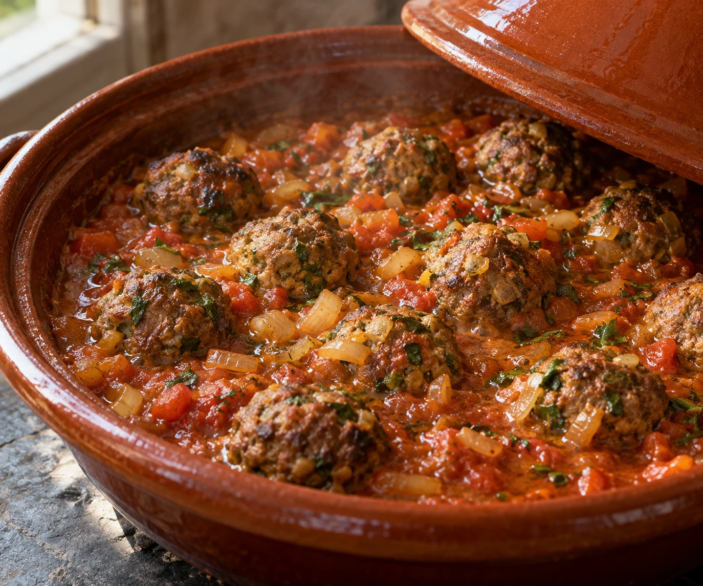 Browned kefta simmer in tomato and onion sauce in a wide tagine pan before eggs are added.