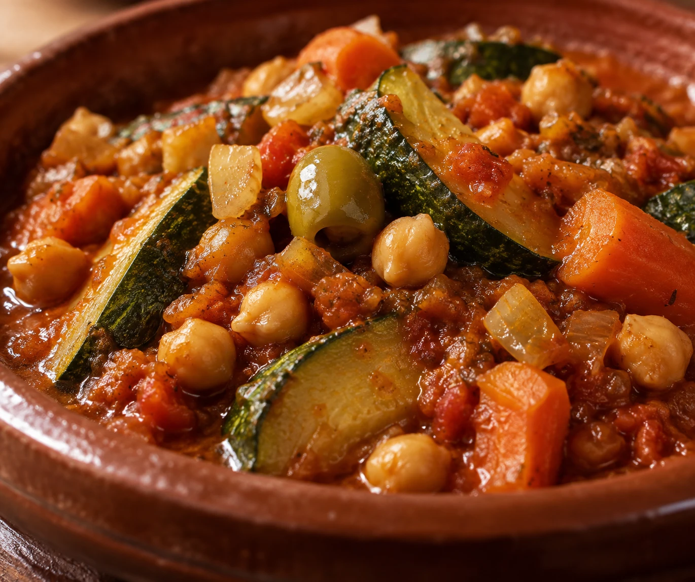 Glossy zucchini, olive, preserved lemon, chickpeas, and carrot show the distinct textures of finished tagine.