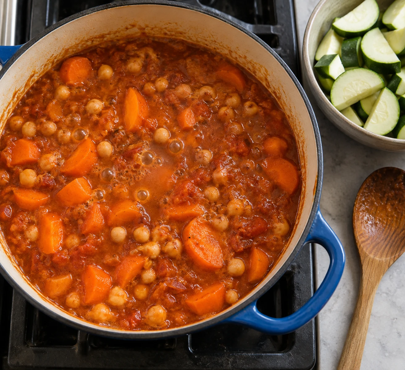 Carrots and chickpeas simmer in spiced tomato broth in a Dutch oven before zucchini is added.