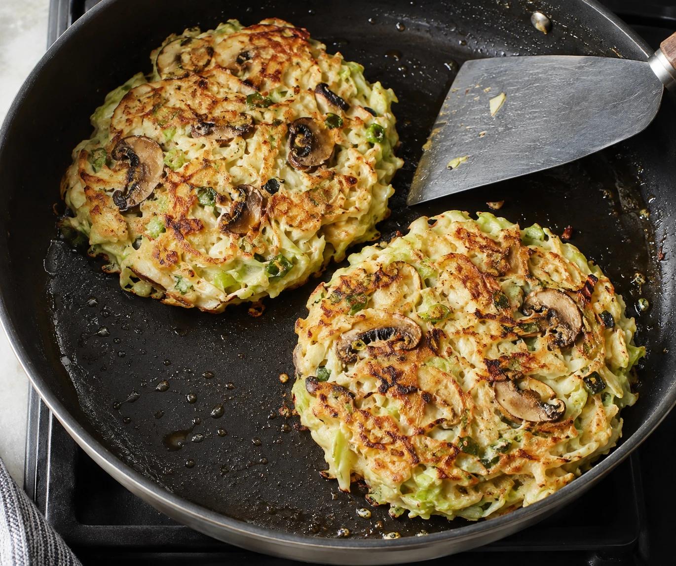 Two thick cabbage and mushroom pancake rounds cook in a nonstick skillet with set golden edges.