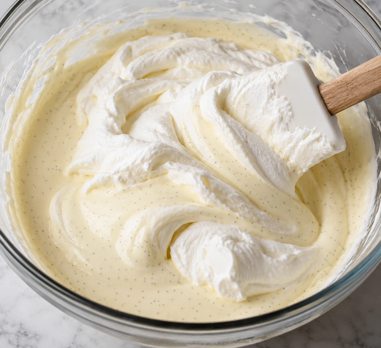A spatula folds smooth whipped cream into a vanilla-speckled condensed milk base in a bowl.