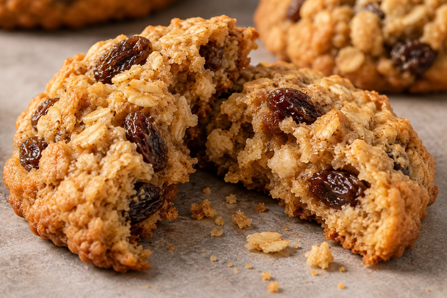 A broken oatmeal raisin cookie reveals a soft center with oats and plump raisins.