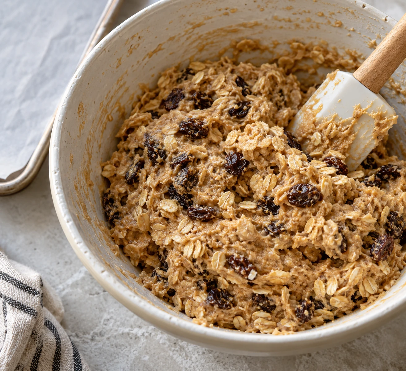 Rolled oats and raisins are folded through thick cookie dough in a mixing bowl.