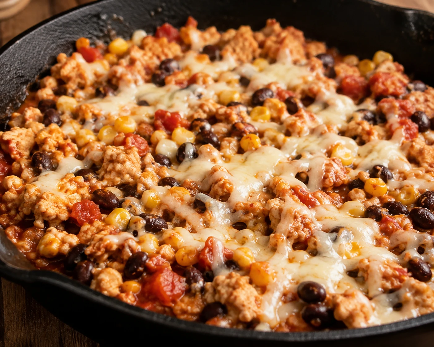 Melted cheese tops crumbled turkey with glossy black beans, corn, and chunky salsa.