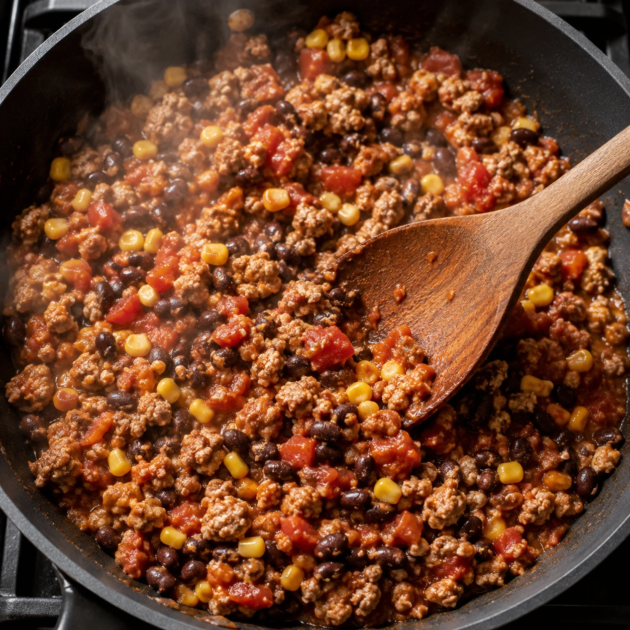A wooden spoon stirs seasoned turkey, black beans, corn, and salsa in a steaming skillet.
