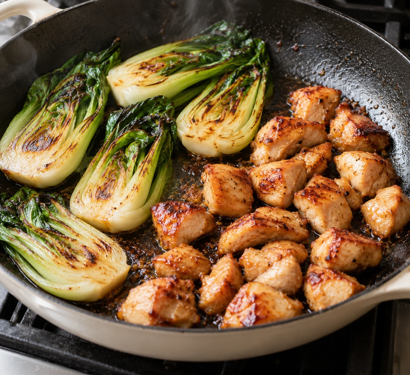 Baby bok choy browns cut-side down in a skillet before the chicken is glazed.