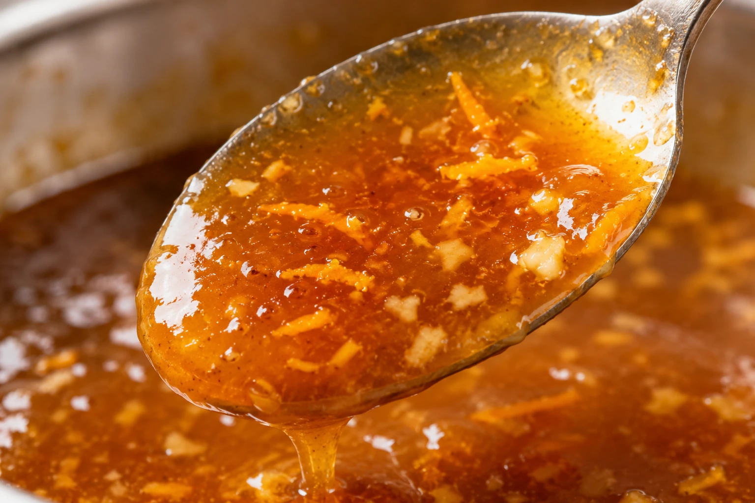 Glossy orange ginger sauce lightly coats a spoon with fine orange zest and ginger visible.