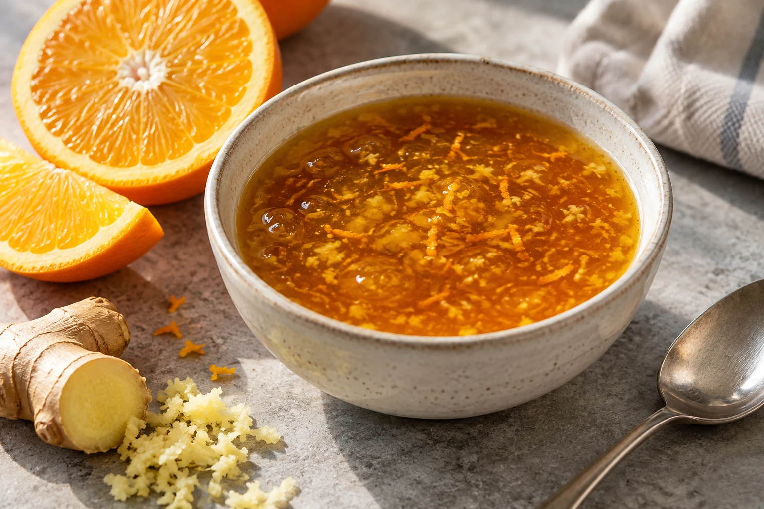 A small bowl of orange ginger sauce shows a glossy amber surface flecked with orange zest and ginger.
