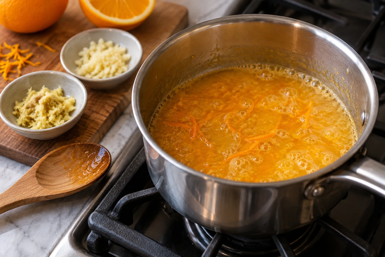 Orange juice and zest simmer in a saucepan while grated ginger and garlic wait nearby.