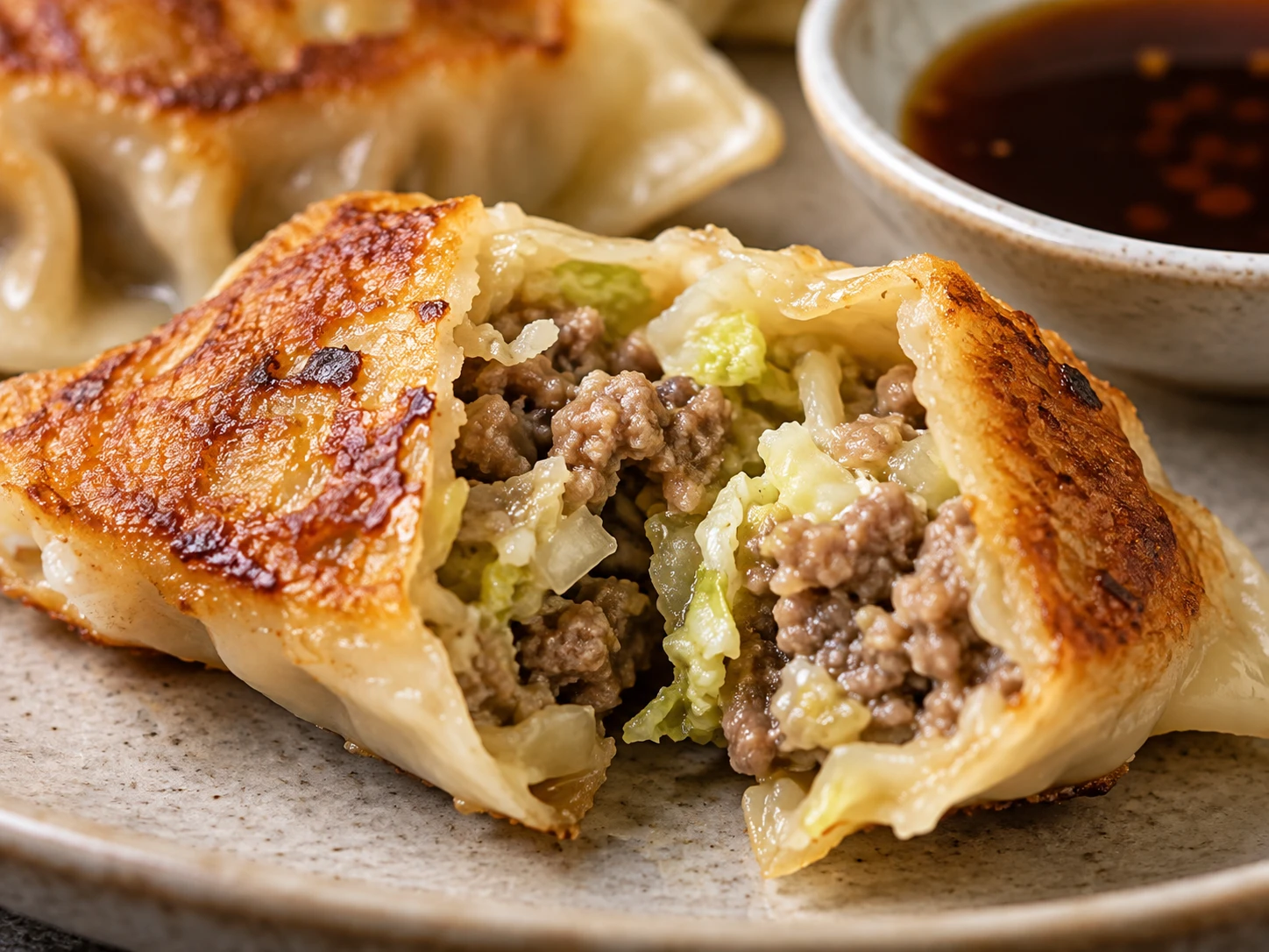 A cut dumpling reveals cooked beef and napa cabbage above a crisp golden underside.