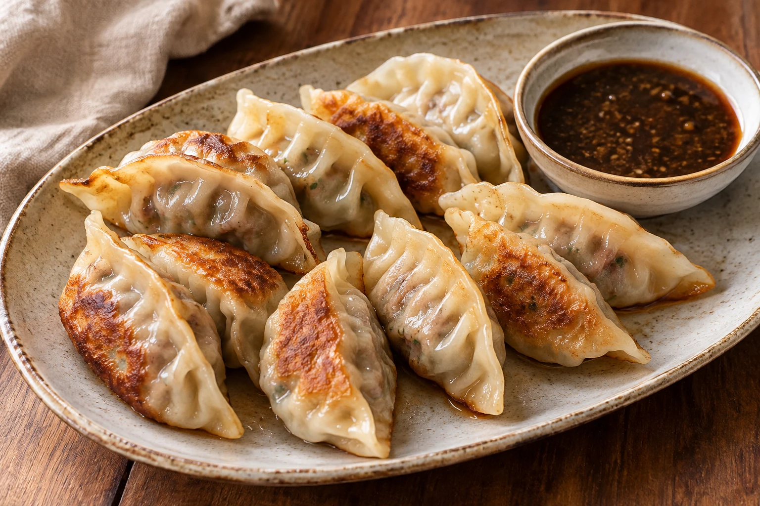 Golden-bottomed beef dumplings with pleated tops sit beside a bowl of soy-miso dip.