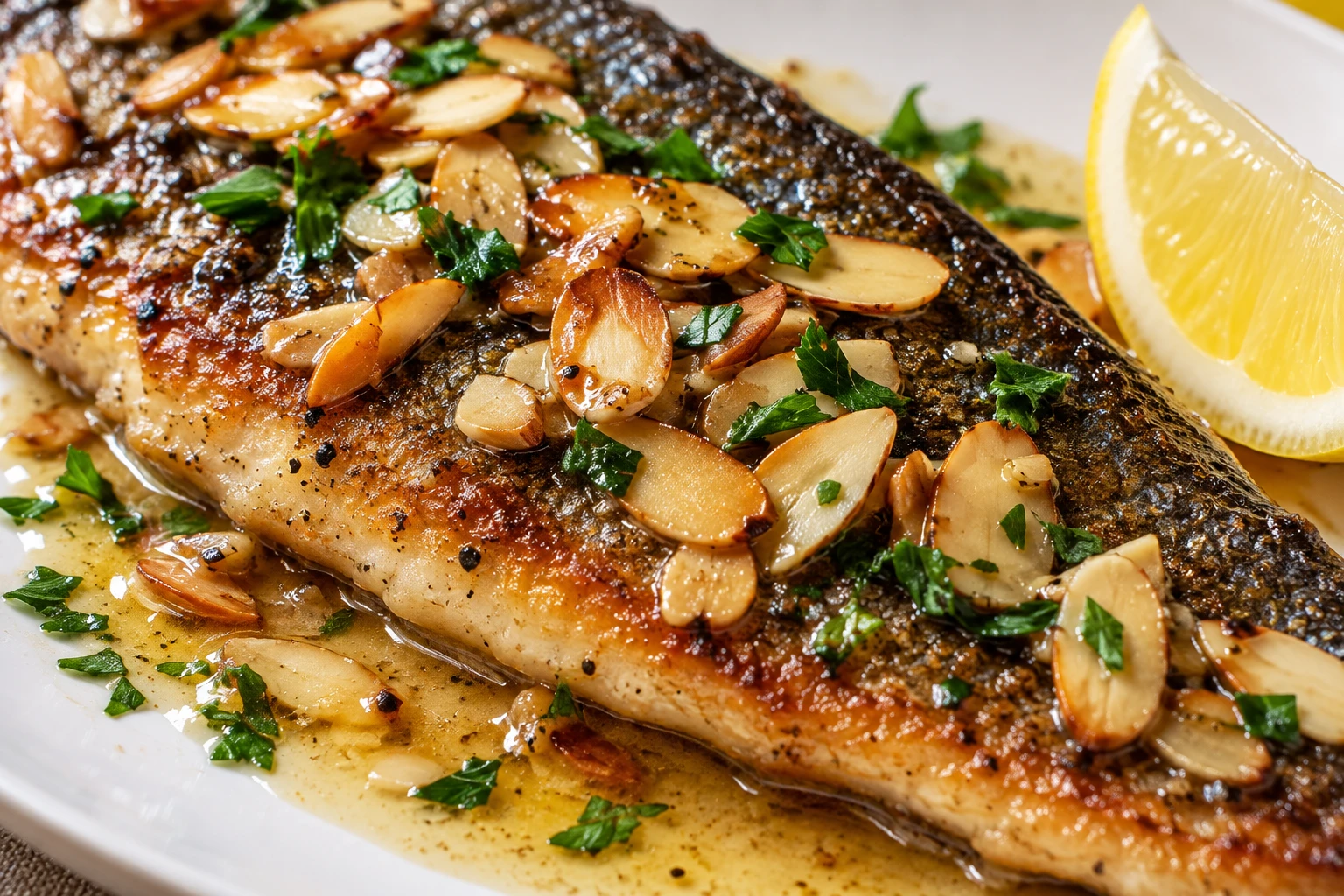 Crisp trout skin is topped with toasted almonds, parsley, and browned butter.