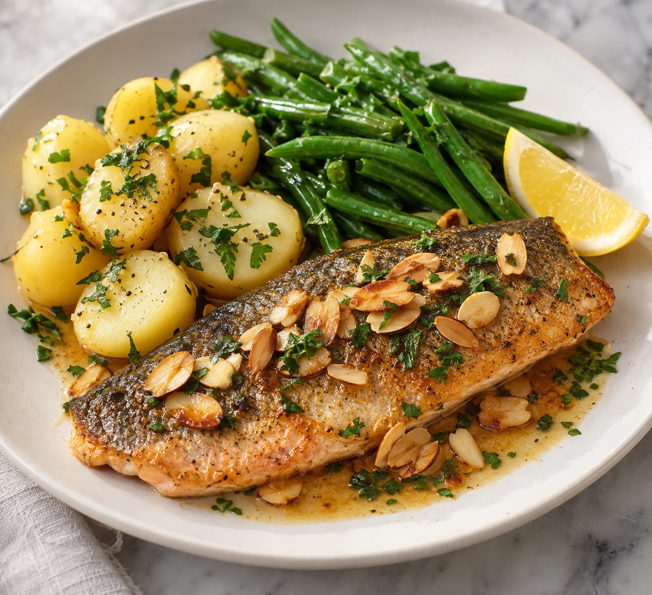 Pan-seared trout with crisp skin, browned butter almonds, potatoes, and green beans.