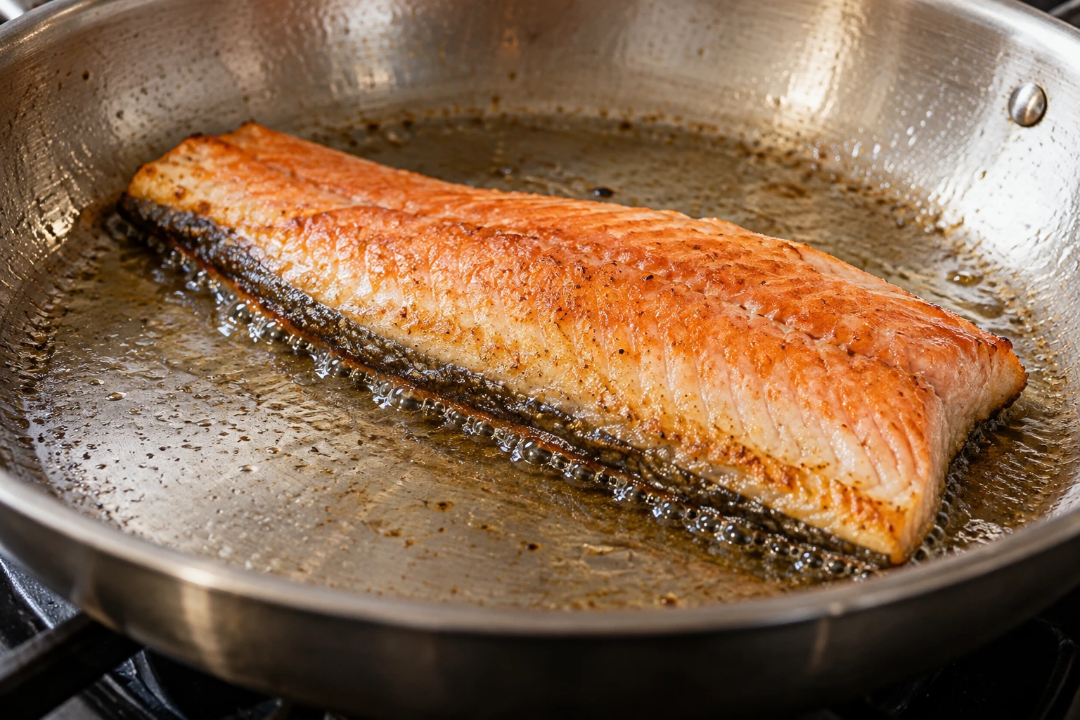 A trout fillet sears skin-side down in a skillet until its edge is golden.
