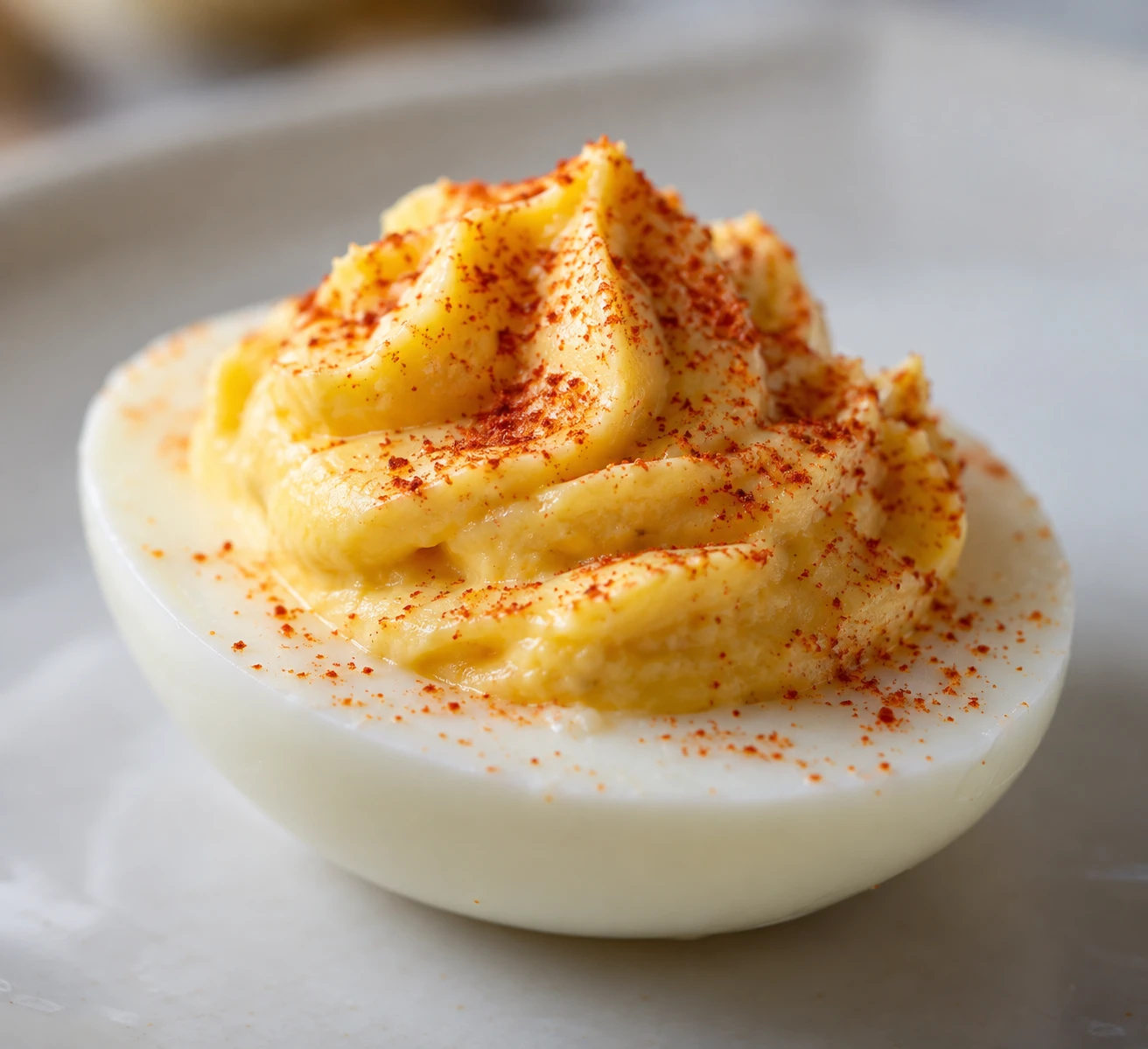One deviled egg shows a neat mound of creamy filling and paprika.