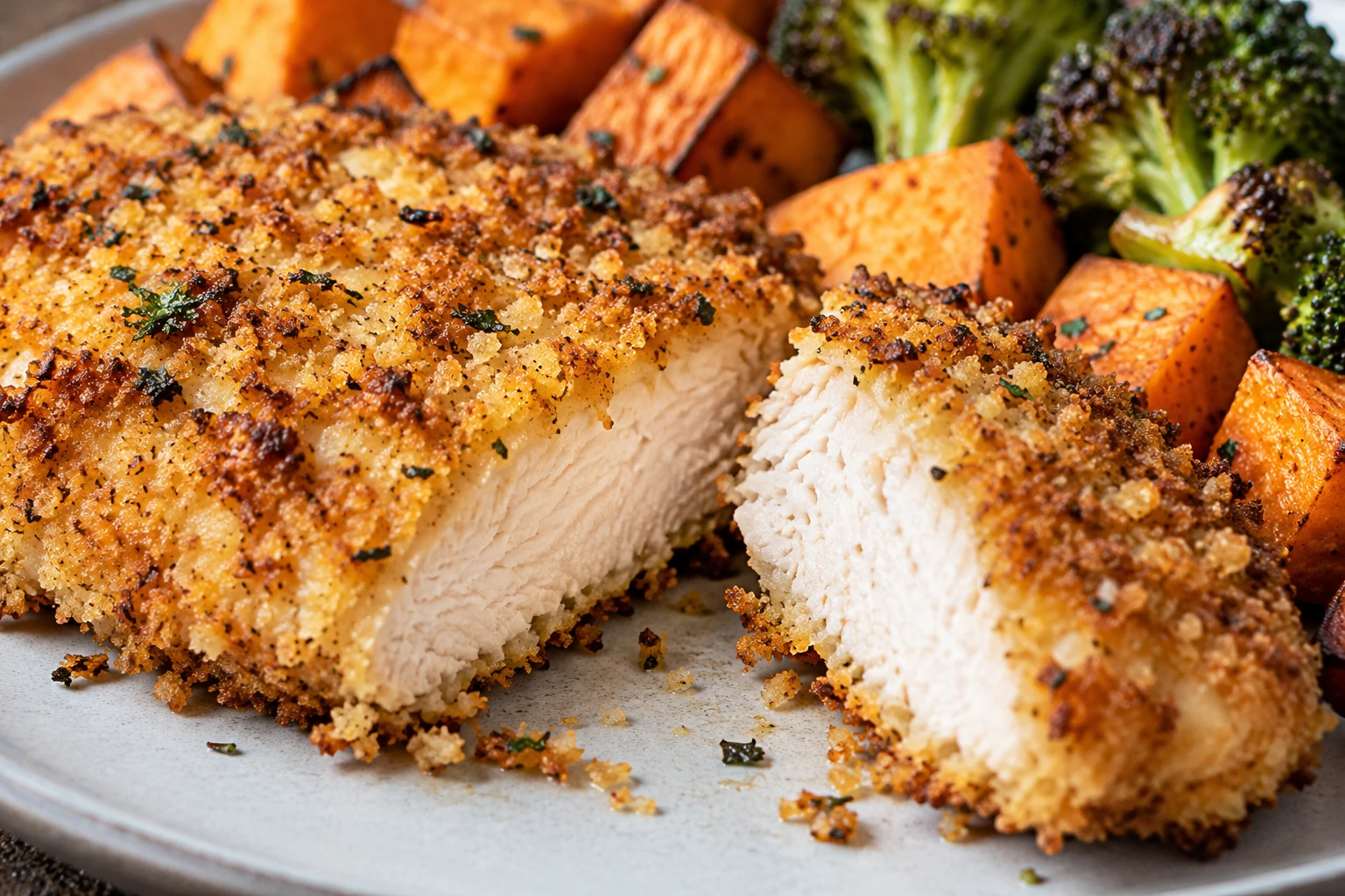 A golden Parmesan-panko crust surrounds cooked chicken beside browned sweet potatoes and broccoli.
