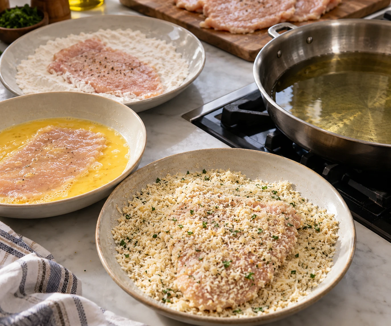 Pounded chicken cutlets are coated in flour, egg, and a Parmesan-panko crumb mixture before frying.