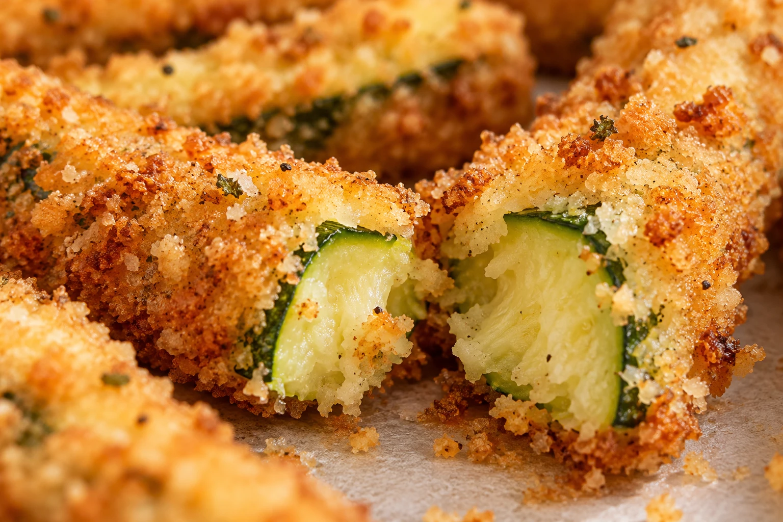 A broken zucchini fry shows tender green flesh inside a browned Parmesan-panko crust.