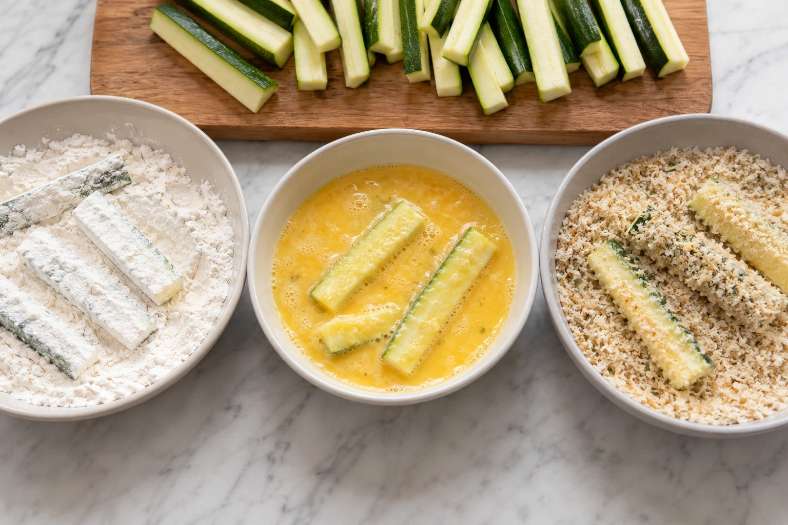 Even zucchini batons move from flour and egg into a shallow dish of Parmesan-panko crumbs.