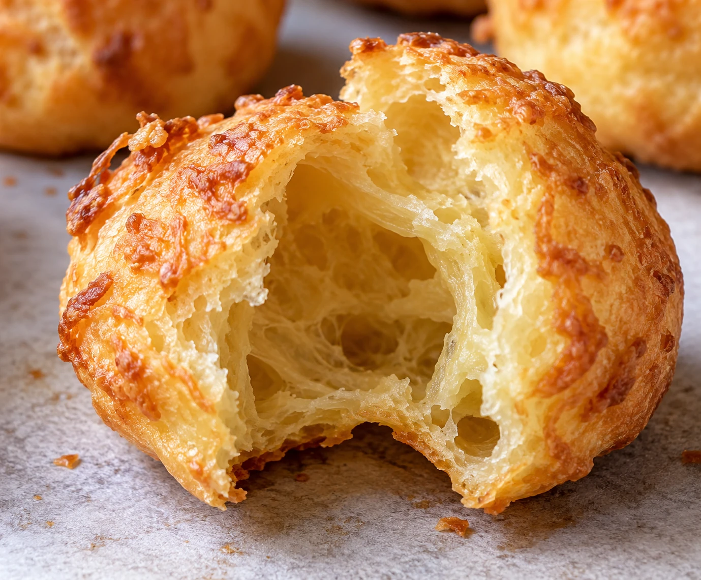 A broken Parmesan gougère reveals its airy hollow center and crisp golden crust.