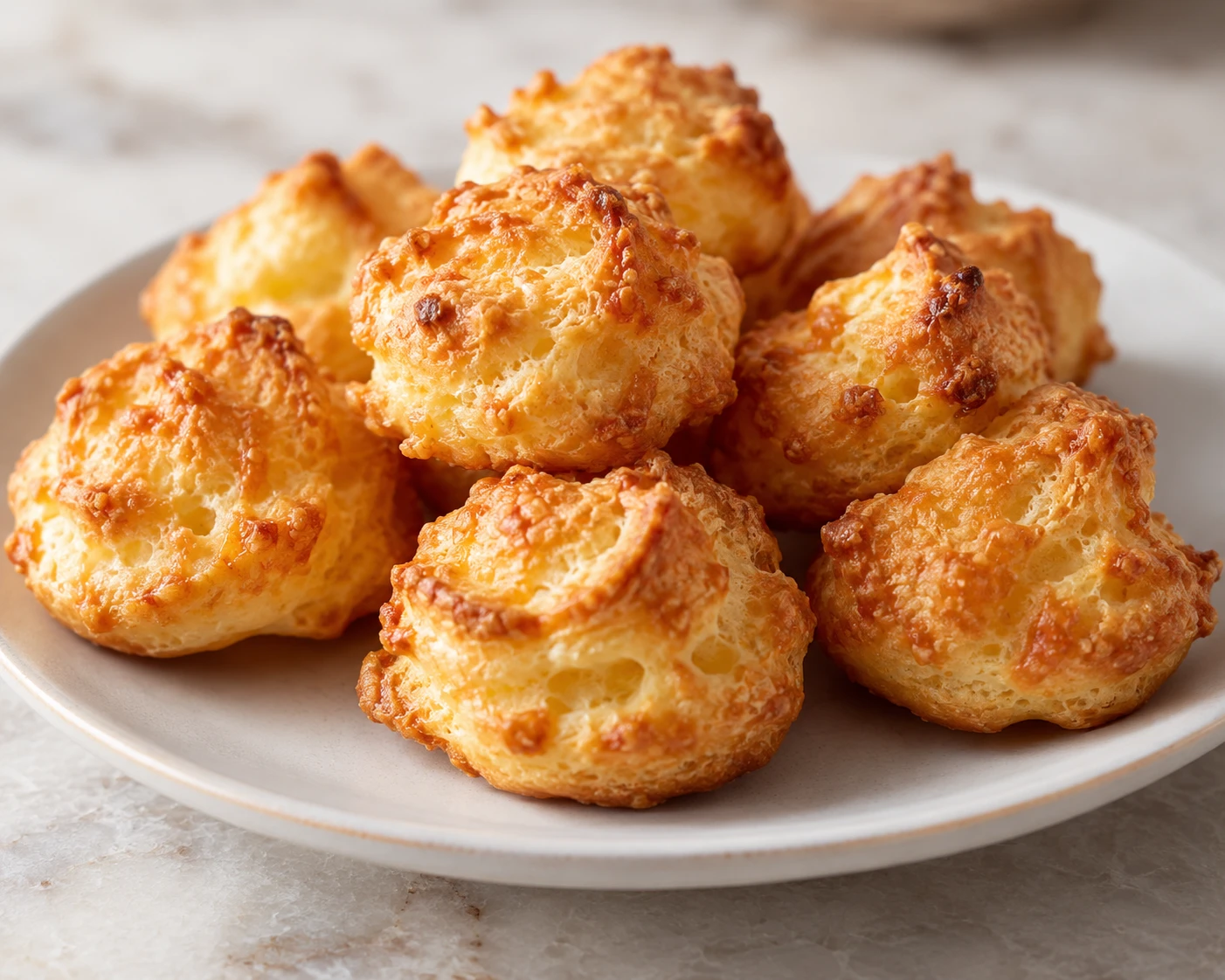 Deeply golden Parmesan gougères are piled on a small plate, ready to serve warm.