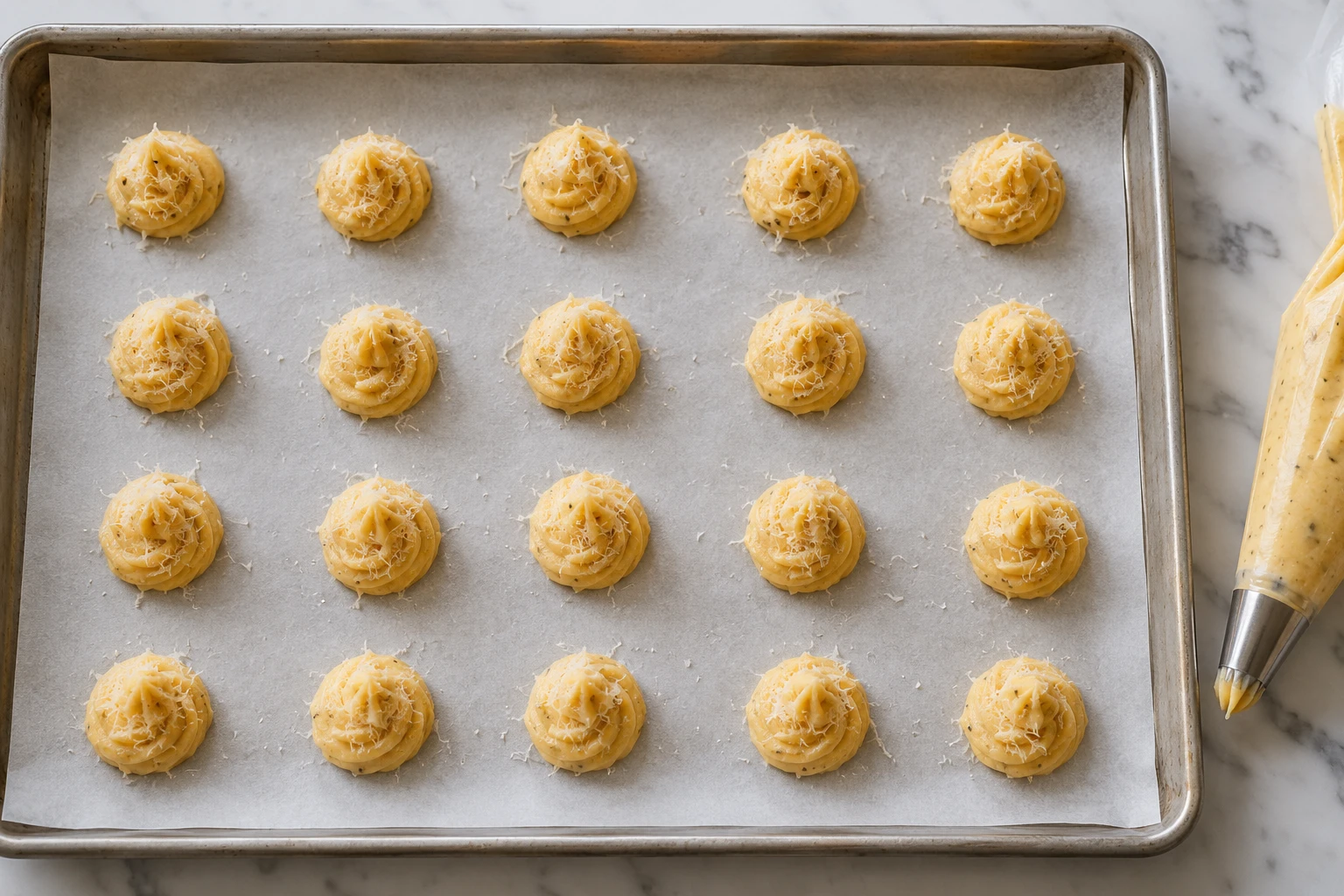 Evenly piped Parmesan choux mounds sit on parchment before baking.