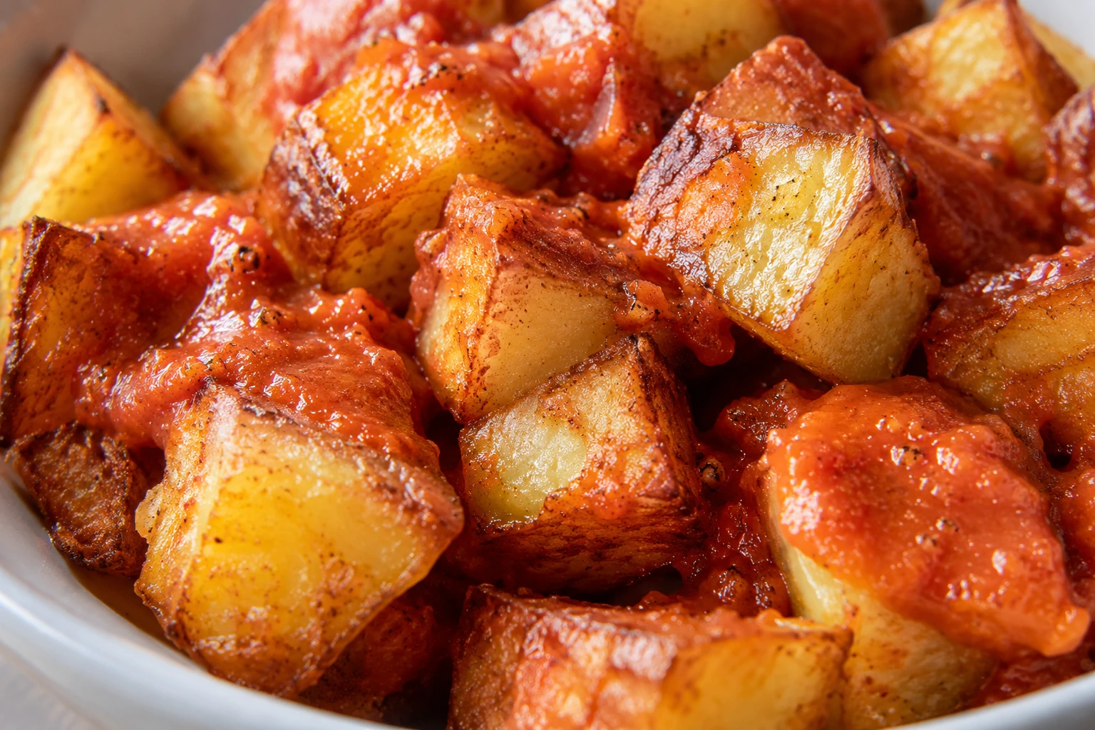 A close view shows craggy golden potato edges with a light coating of smoky tomato sauce.