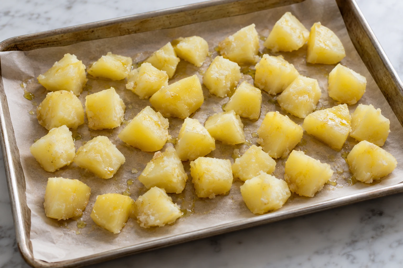 Roughened potato cubes lie in one layer on parchment before roasting.