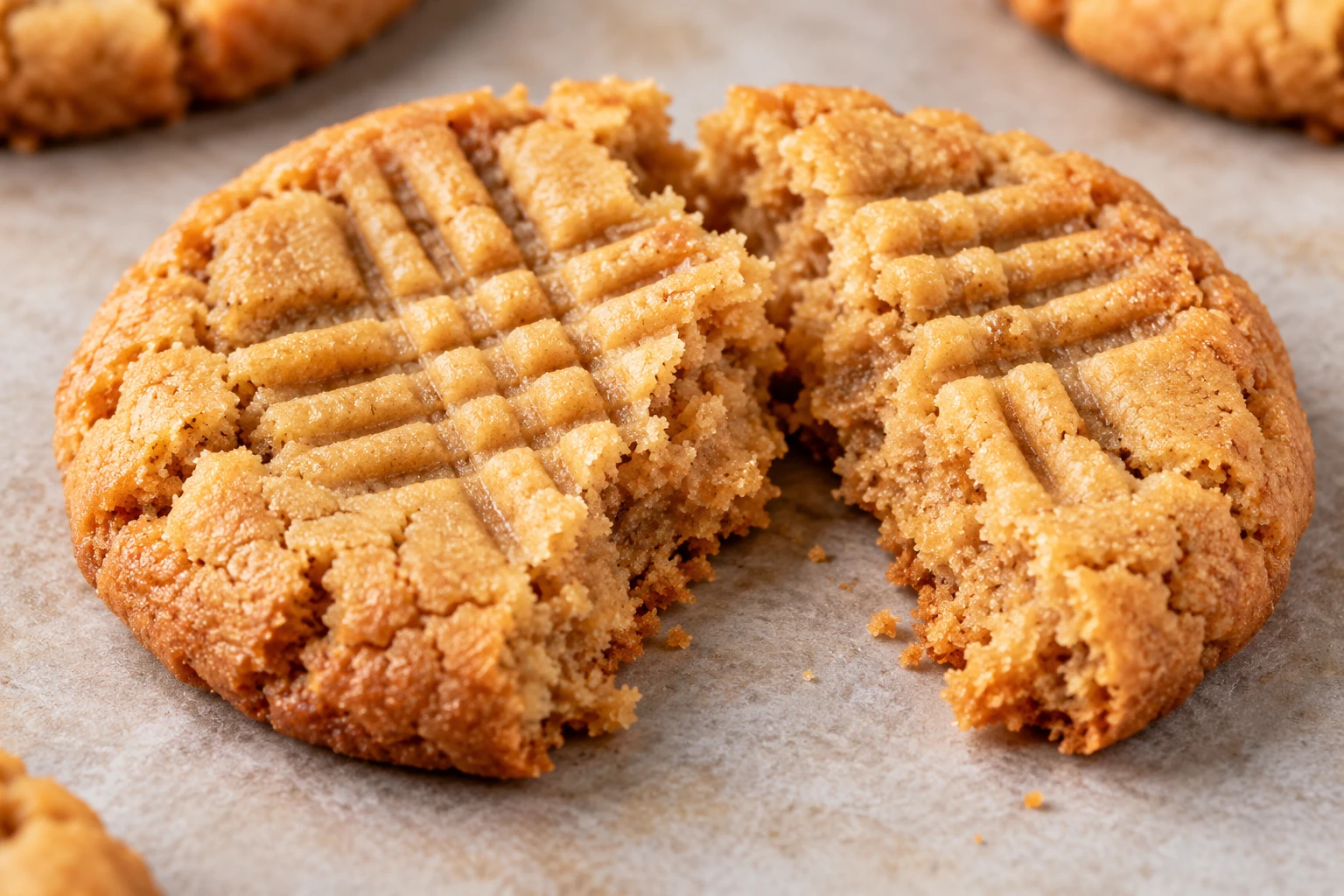 A fork-marked peanut butter cookie is broken open to reveal a soft center and crisp edge.