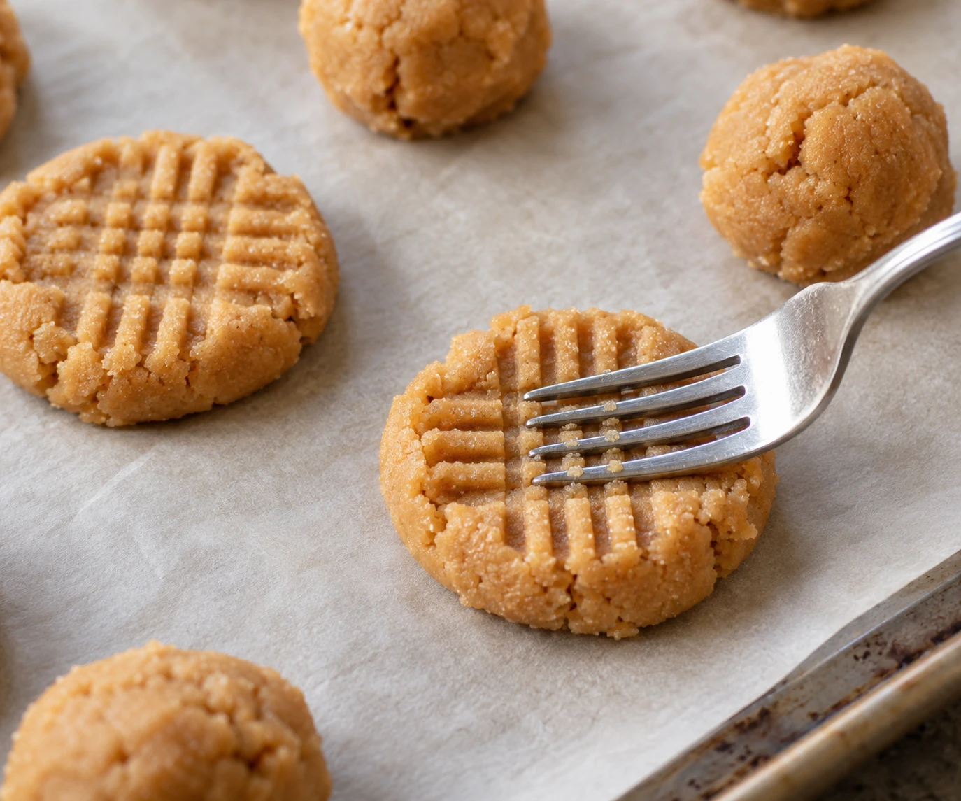 A fork presses a crosshatch into one rounded portion of peanut butter cookie dough on parchment.