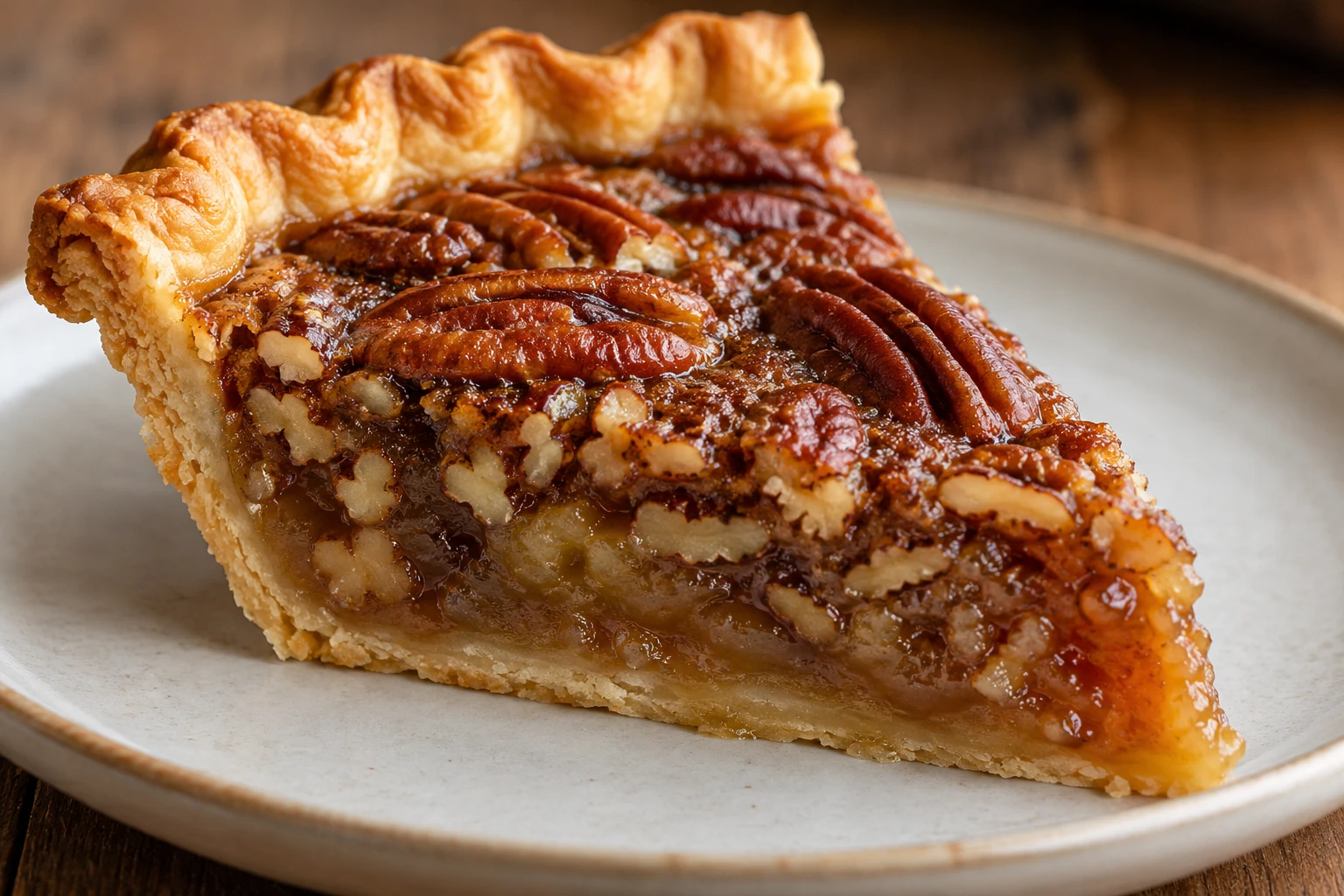 A clean slice shows tender pecans suspended in glossy filling beneath a golden flaky crust.