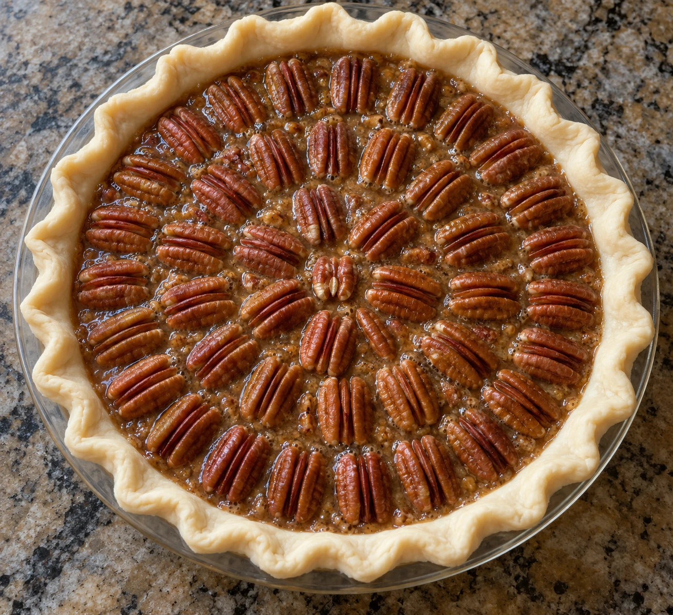 Toasted pecan halves are arranged in rows over the filling in an unbaked pie shell.