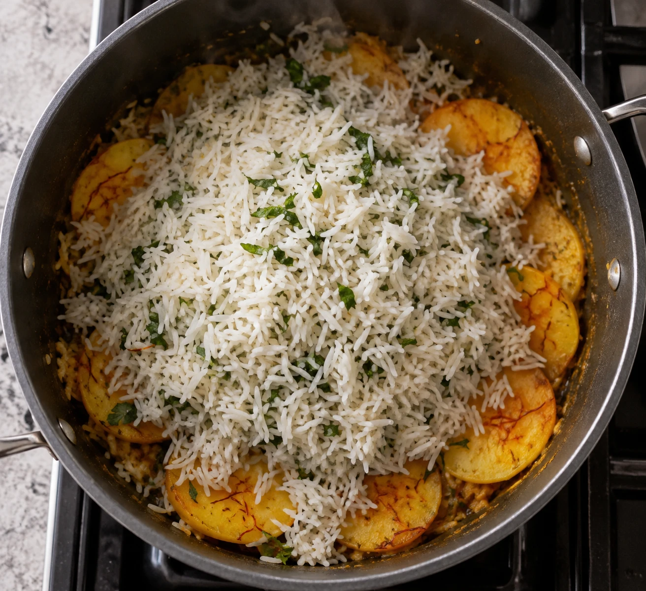 Herb-flecked rice is mounded over overlapping saffron-stained potato slices in a wide pot before steaming.