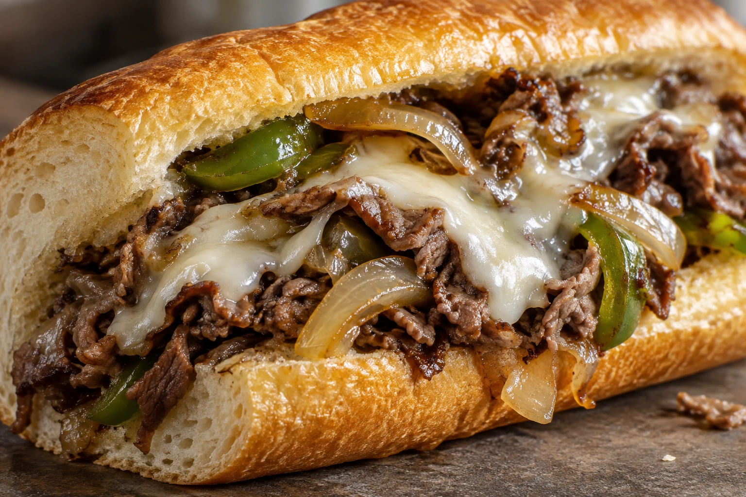 Juicy shaved ribeye, golden onions, green pepper, and melted provolone fill a toasted hoagie roll.