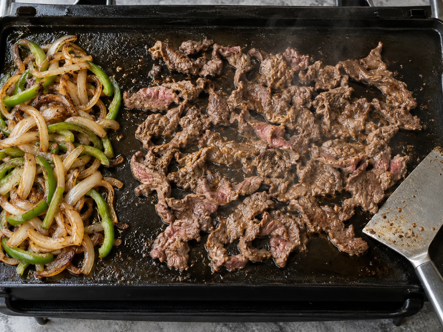 Paper-thin ribeye sears in an uncrowded layer beside caramelized onions and sliced green pepper.