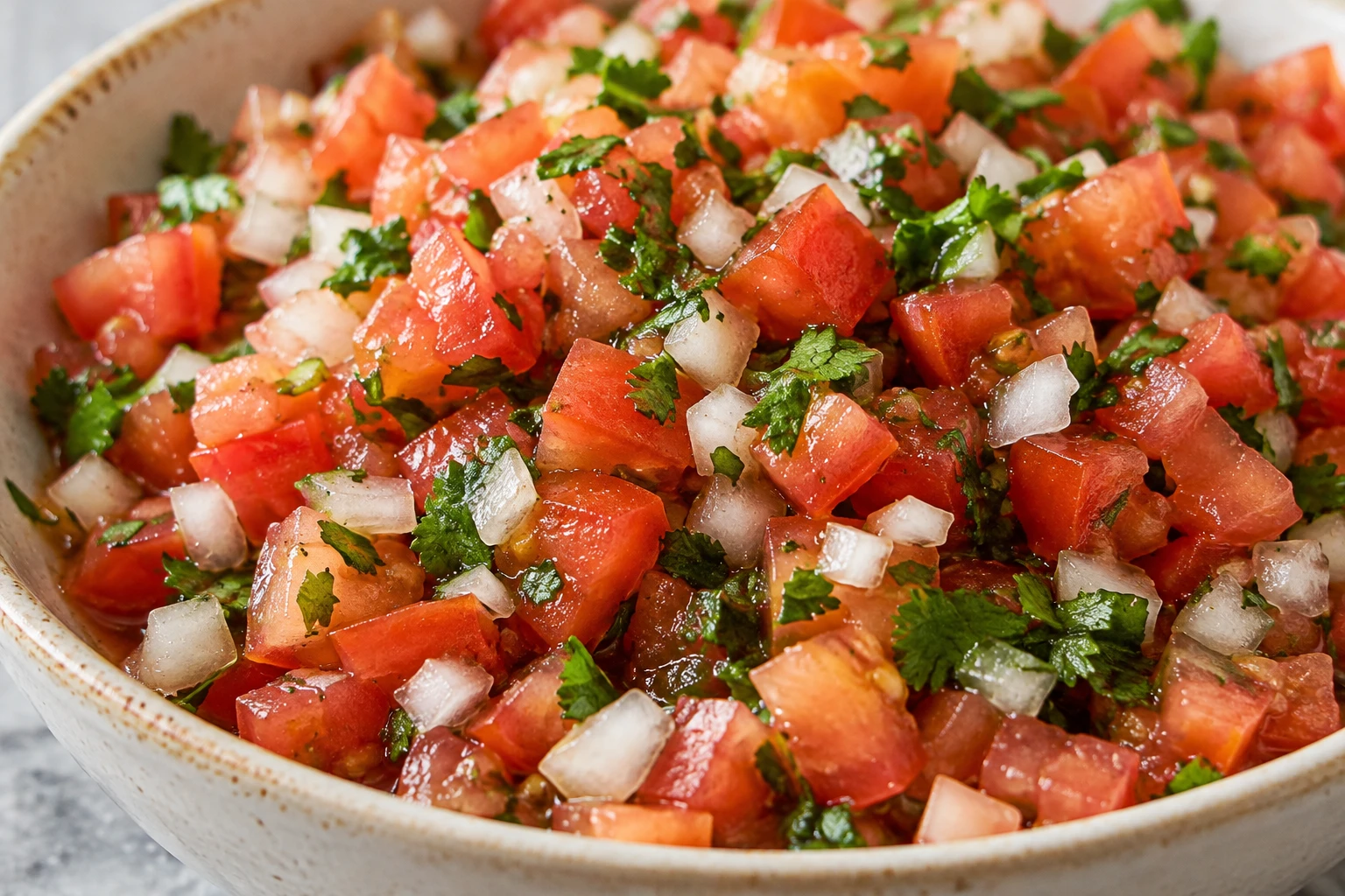 A close view shows crisp tomato pieces, tiny white onion cubes, cilantro flecks, and a light sheen of seasoned juice.