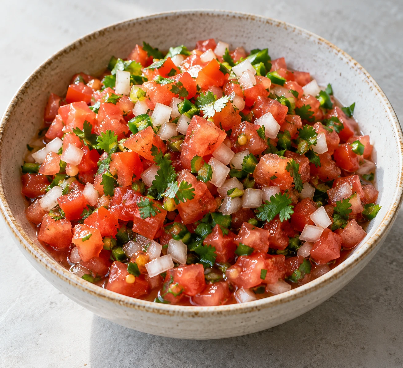 Fresh pico de gallo fills a shallow bowl with even red tomato dice, white onion, green jalapeño, and cilantro.