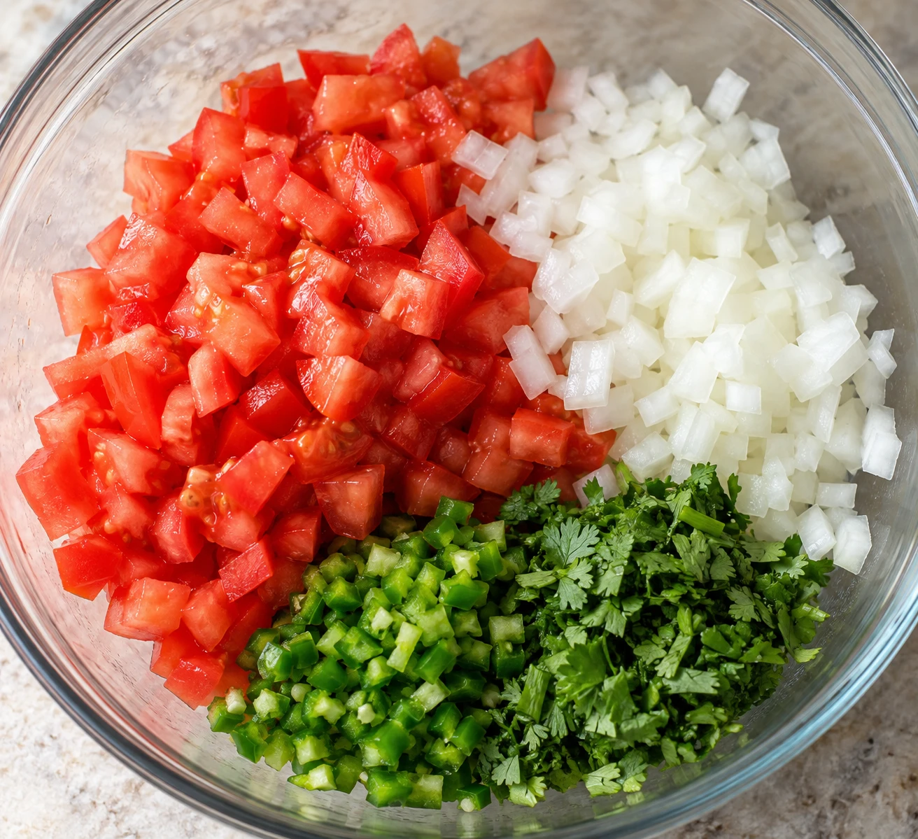 Even tomato and onion dice sit beside minced jalapeño and cilantro before the salsa is folded together.